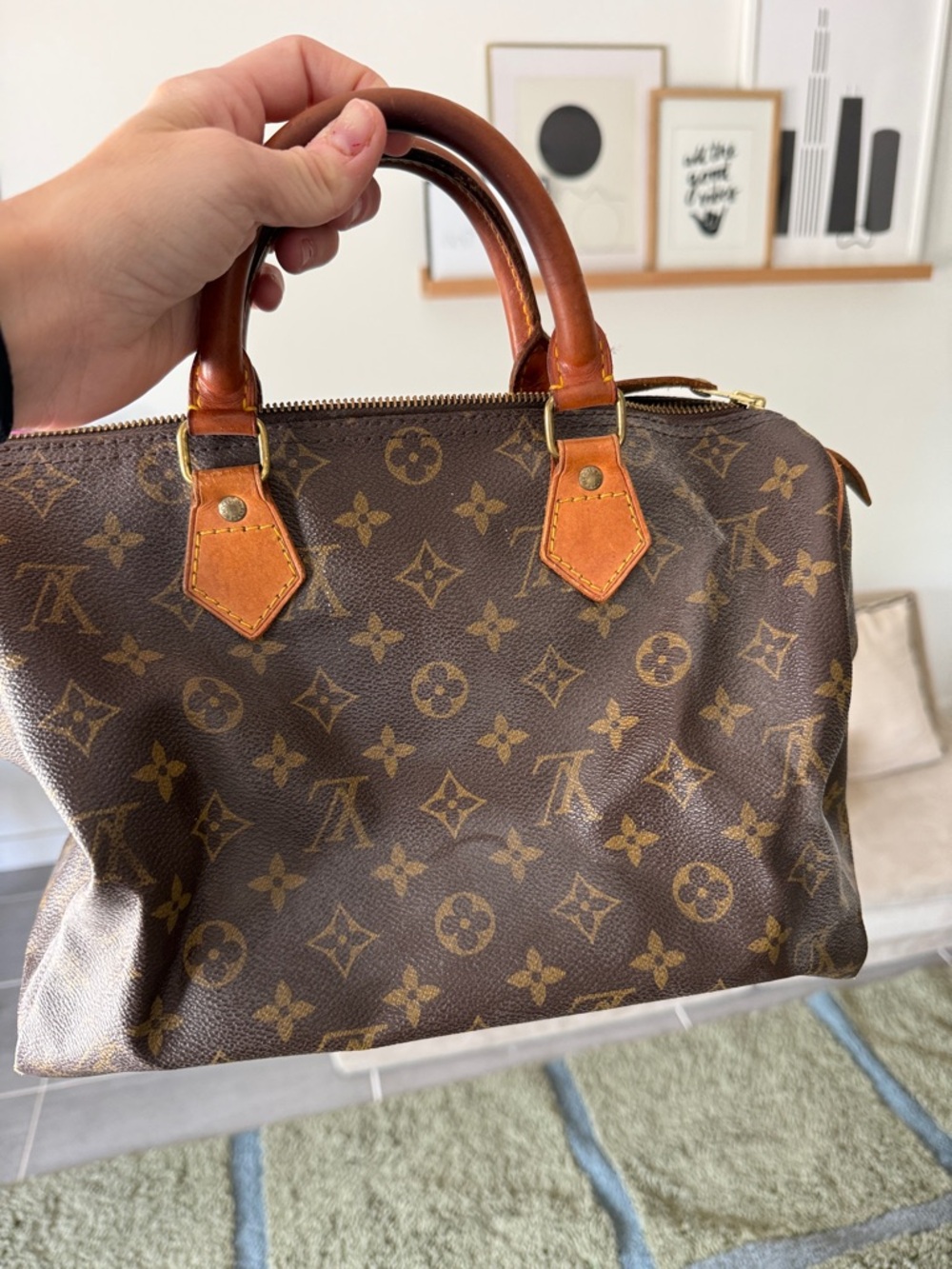 Vintage Louis Vuitton Brown Monogram Speedy Handbag with Tan Handles